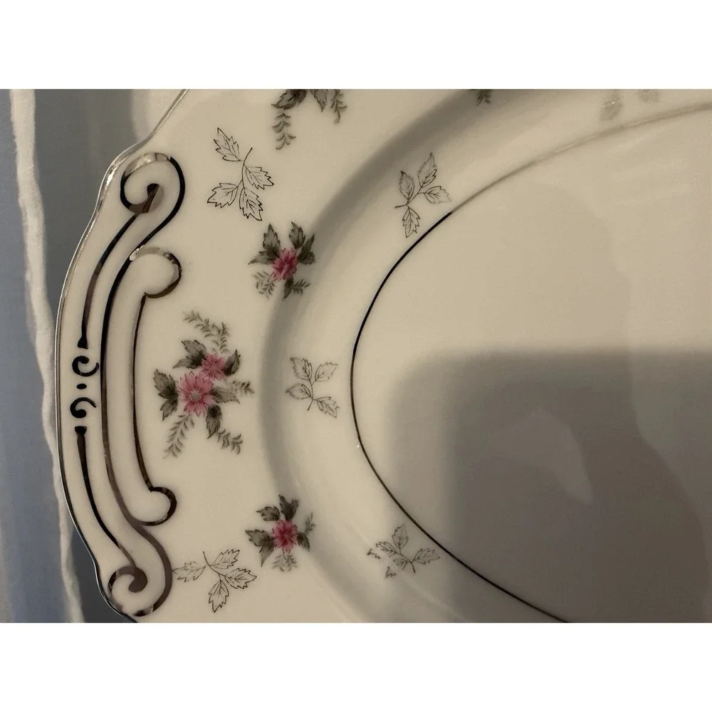 Vintage Rosemere Japan‎ Pink Floral Oval Serving Platter Silver Trim Handled